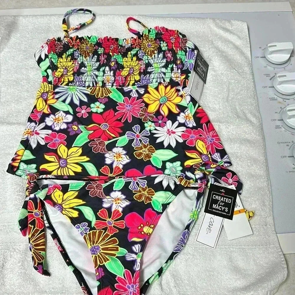 Salt + Cove Black Floral Tankini with Multicolor Flowers